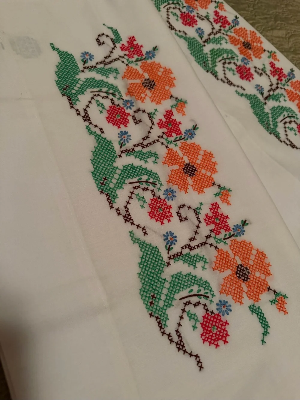 VTG Hand Cross Stitched Floral Pillowcase Set Cottagecore Embroidered Standard